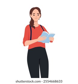 Happy modern young woman reading book standing. Flat vector illustration isolated on white background