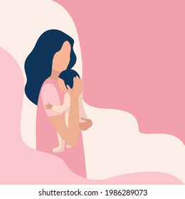 Happy mom with baby in her arms after childbirth. The joy of motherhood. Love and care for children. Mother's day, vector illustration on an abstract minimalistic background.