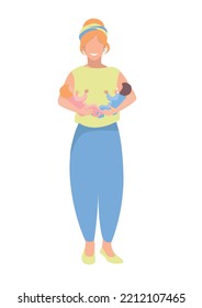 Happy mom with a baby in her arms after childbirth. The joy of motherhood. Love and care for children. Mother's day. Isolated vector illustration.