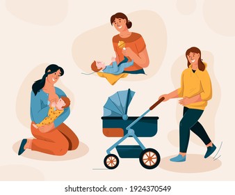 Happy mom and baby set. Mother breastfeeding child, playing with little kid and walking with stroller. Daily routine with newborn. Vector character illustration of motherhood, childhood, family scene