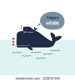 Happy mom and baby whales in the ocean. Family whales cartoon.
