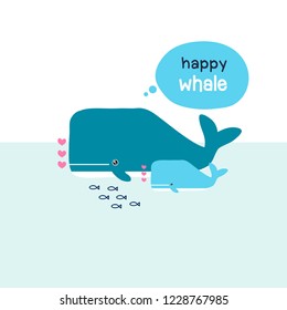 Happy mom and baby whales in the ocean. Family whales cartoon.