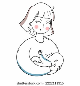 Happy mom breast feeds baby. Breastfeeding. Mother and child.