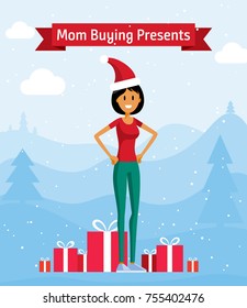 Happy Mom Buying Christmas Presents. Handsome Young Lady Brings Presents. Winter Landscape with Xmas Gifts and a Satisfied Customer in Christmas Hat Vector Art Design Illustration.