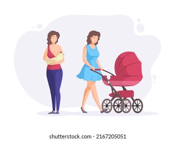 Happy mom caring for her infant baby set. Young mother breastfeeding her newborn baby and walking with stroller. Happy family, motherhood concept flat vector