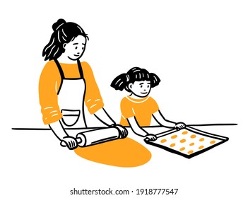 Happy Mom Cooks With Her Baby, Vector Illustration. Roll Out The Dough, Make Cookies. Doodle Hand Drawing, Sketch. On An Isolated White Background