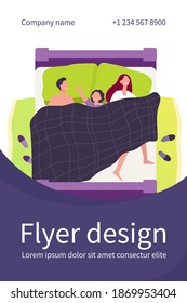 Happy mom, dad and kid sleeping together isolated flat vector illustration. Cartoon asleep people lying in bed. Love, family and night concept