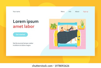Happy mom, dad and kid sleeping together isolated flat vector illustration. Cartoon asleep people lying in bed. Love, family and night concept