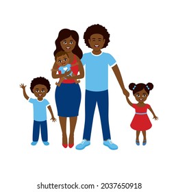 Happy mom, dad and three children vector. Beautiful black ethnic family icon. Cheerful african american parents and cute kids icon isolated on a white background