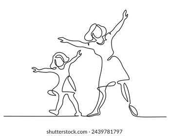 Mamá feliz bailando con su hijo. Estilo de dibujo continuo de una línea. Madre e hija tienen alegría juntas. Esbozo lineal negro minimalista aislado sobre fondo blanco. Ilustración de vector