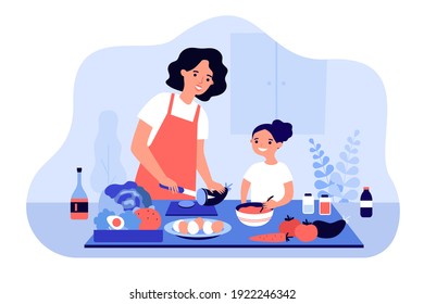 Happy Mom And Daughter Cooking Vegetables Together Isolated Flat Vector Illustration. Cartoon Mother And Kid Making Dinner In Aprons. Healthy Food And Motherhood Concept