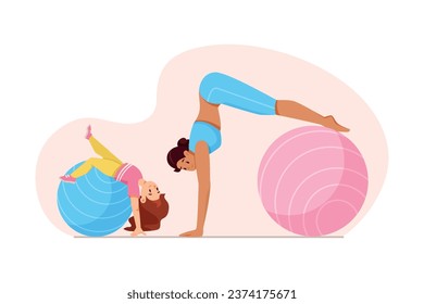 Happy Mom with Daughter Doing Sport Activity with Fitball Vector Illustration