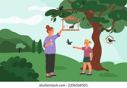 Happy mom and daughter feeding birds. Girls pouring grain into tree feeder. Food for park sparrows. People care about flying animals. Kid and parent giving crumbs. Garish