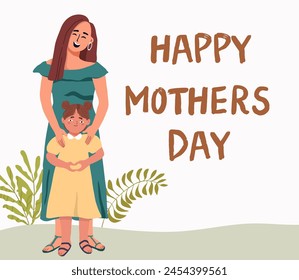 Happy mom and daughter. Mom and girl having fun together. Positive joyful female parent and joyful little child standing together, mom's protection, mom's hands on child's shoulders. 