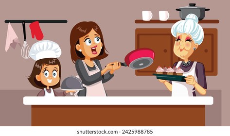 
Happy Mom, Daughter and Grandma cooking Together vector Illustration. family of three generations baking homemade desserts in the kitchen
