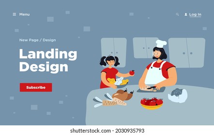 Happy mom and daughter kid cooking salad together in kitchen, cutting fresh vegetables for family lunch at home. Flat vector illustration healthy eating, organic food concept