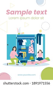 Happy mom and daughter packing for summer trip. Suitcase, clothes, swimsuit and hat flat vector illustration. Family vacation, travel, holiday concept for banner, website design or landing web page