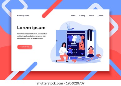 Happy mom and daughter packing for summer trip. Suitcase, clothes, swimsuit and hat flat vector illustration. Family vacation, travel, holiday concept for banner, website design or landing web page