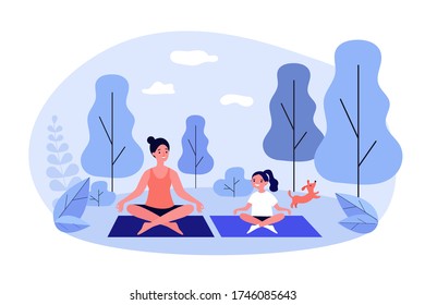 Happy mom and daughter practicing yoga in park. Woman and girl training outdoors. Flat vector illustration for family activity, outdoor workout, fitness, leisure concept