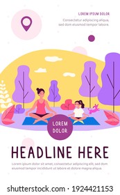 Happy mom and daughter practicing yoga in park. Woman and girl training outdoors. Flat vector illustration for family activity, outdoor workout, fitness, leisure concept