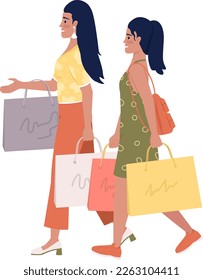 Happy mom and daughter with shopping bags semi flat color vector characters. Editable figures. Full body people on white. Simple cartoon style illustration for web graphic design and animation