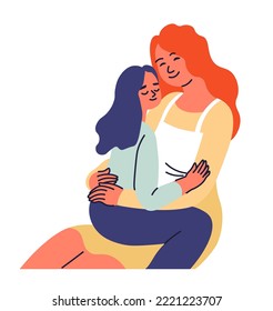 Happy mom and daughter, smiling woman and kid. Mommy and preschooler cuddling and hugging. Mother and girl with closed eyes, family moments and leisure, bonding relationship. Vector in flat style