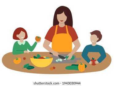 Happy mom, daughter, son are cooking together in the kitchen. A woman cuts vegetables with a knife, prepares lunch or dinner. On the table is a bowl of salad, vegetables, fruits. Isolated Flat Vector.