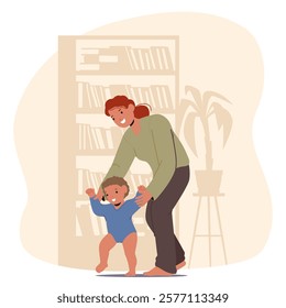 Happy mom enjoying parenting training adorable infant kid to make first steps at home cartoon scene. Family time, children early development, progress in physical upgrowth vector illustration