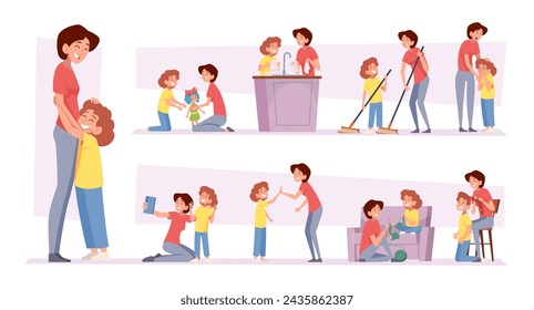 Happy mom. Family love and unity mother and daughter exact vector girls friendship concept pictures in cartoon style