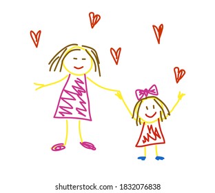 Happy mom and her daughter. Children's drawing. Vector illustration.