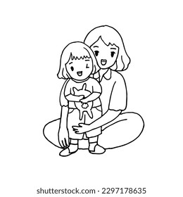 Happy mom and her daughter line art drawing style  Mother hugging daughter  Vector illustration