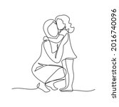Happy mom with her female child in continuous line art drawing style. Mother and daughter hugging. Minimalist black linear sketch isolated on white background. Vector illustration