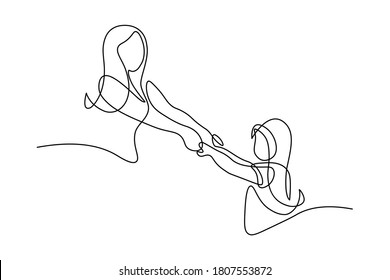 Happy mom with her female child in continuous line art drawing style. Mother and daughter holding hands spinning around. Two generations of women. Black linear sketch isolated on white background