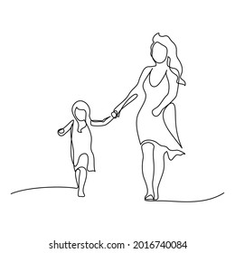 Happy mom with her female child in continuous line art drawing style. Mother and daughter walking together. Minimalist black linear sketch isolated on white background. Vector illustration