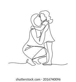Happy mom with her female child in continuous line art drawing style. Mother and daughter hugging. Minimalist black linear sketch isolated on white background. Vector illustration