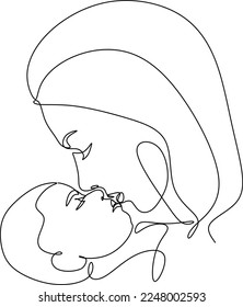 Happy mom with her female child in continuous line art drawing style. Mother and daughter hugging. Minimalist black linear sketch isolated on white background. Vector illustration