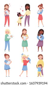 Happy Mom and Her Kid Vector Illustrations Set. Young Mother Holding Her Baby in Arms and Embracing