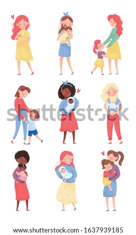 Happy Mom and Her Kid Vector Illustrations Set. Young Mother Holding Her Baby in Arms and Embracing
