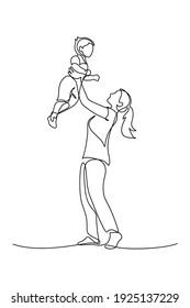 Happy mom with her little son in continuous line art drawing style. Mother holding her male child up in the air. Black linear sketch isolated on white background. Vector illustration