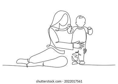 Happy mom with her little son in continuous line art drawing style. Mother assisting her toddler child. Minimalist black linear sketch isolated on white background. Vector illustration