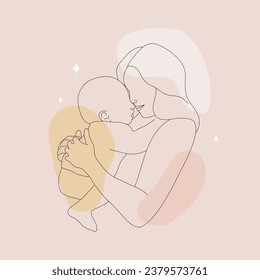 Happy mom with her newborn baby. One line art. Minimalistic vector illustration on colored spots. Mother and child in linear style.