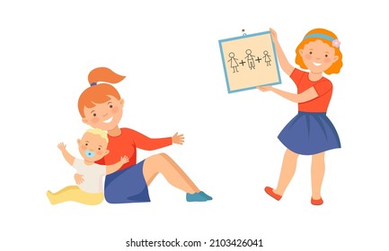 Happy mom with her toddler baby. Girl drawing portrait of her family vector illustration