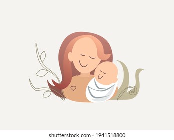 happy mom holding baby in her arms and smiling - gift for mother healthy baby concept - vector illustration