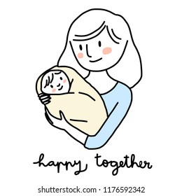 Happy mom holding baby swaddled in soft blanket. Greeting card for Mother's Day with Happy Together concept. Portrait of cute mother comforting her lovely baby.  