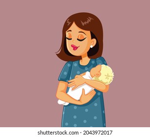 Happy Mom Holding Infant Newborn Baby Vector Cartoon. Mother and baby embracing and bonding together 
