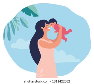 Happy mom holds the baby in her arms on a natural background. A woman plays with her daughter or son. Flat cartoon vector illustration isolated on white background