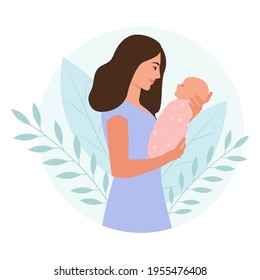Happy mom holds her infant baby in her arms. Mother and hewborn baby.Vector illustration of motherhood and care about kids.