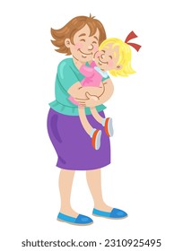 Happy mom holds her little daughter in her hands. They stand embracing.  In cartoon style. Isolated on white background.  Vector illustration