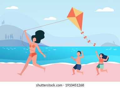 Happy mom with kids flying kite on beach. Family having fun at seaside. Flat vector illustration. Summer activity, leisure, vacation concept for banner, website design or landing web page