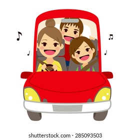 Happy Mom And Kids Singing On Car Driving To School